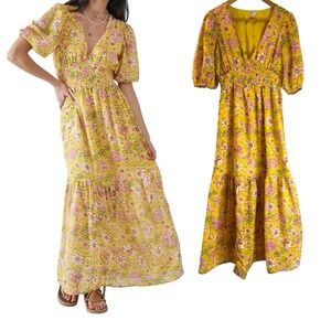 Billabong Spell Bound Floral Yellow Cute Summer Women ‎ Maxi Dress Size S